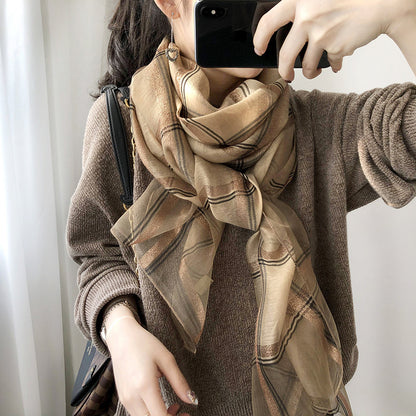 Spring and Autumn Silk Wool Hundreds of Scarf Female Gold Line Large Silk Scarf Autumn Mulberry Silk Silk Shared Water Towels